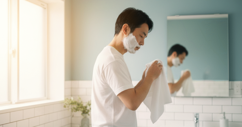 明るい洗面所で、40代の男性がタオルで顔を拭く様子。 “まだできるうちに清潔を整える”前向きな準備を表すイメージ。