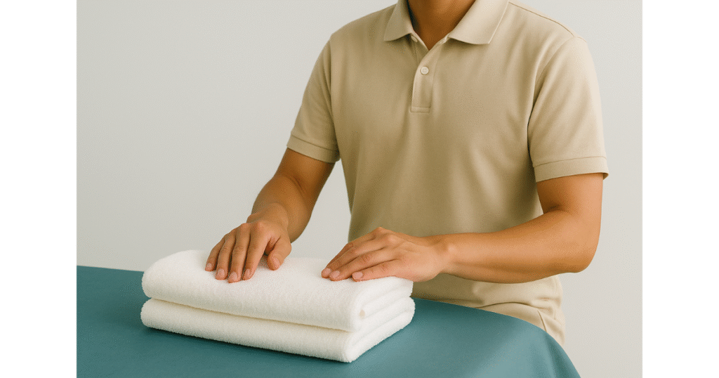 清潔ケアのために白いタオルを丁寧に畳む介護職員の手元。淡いグレーとティールのやさしい光に包まれた場面。