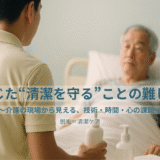 介護職員がベッド上の高齢者に清潔ケアを行う、穏やかな現場の様子。