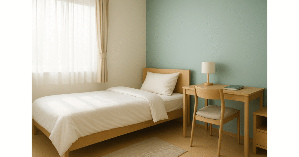 明るい自然光の中で整えられた居室。 白い寝具と木の家具が清潔に並び、静かで穏やかな空気が漂う。 「生活を整えることが、清潔を任せられる準備につながる」というテーマを象徴した写真。