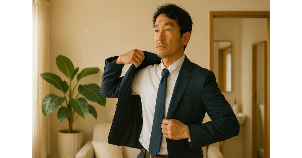 朝の光の中で身支度を整える40代男性。 「いまの自分を少し心地よくする。それが未来の備えになる」という前向きな時間を表現した写真。