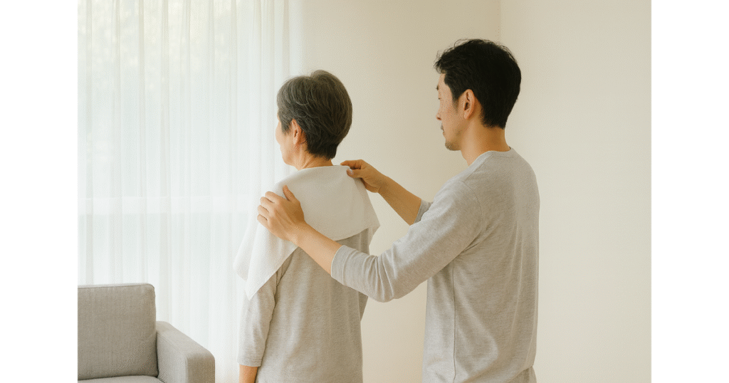 明るい部屋で、40代の息子が母の肩にタオルをかけている後ろ姿。 清潔を整えるというやさしい行為を通して、“介護=生活ケア”の温かさを表現している。