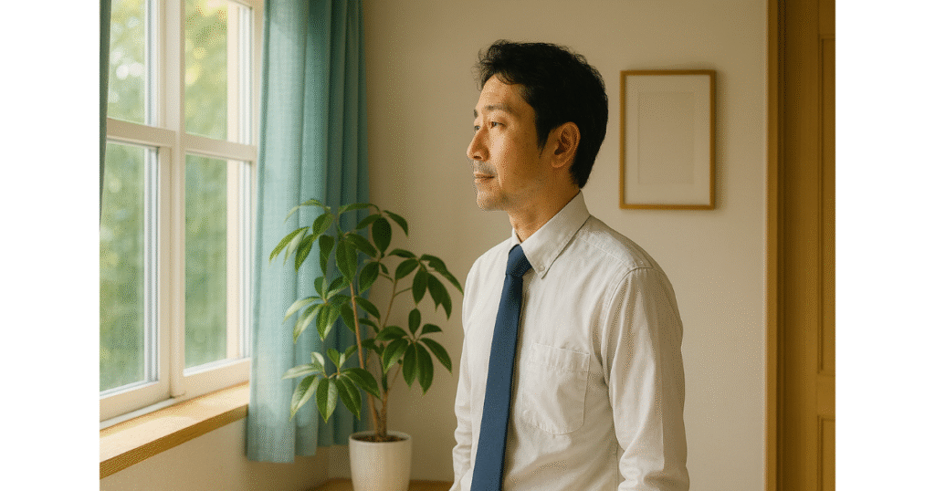 窓の外を静かに見つめる40代男性。 これからの自分の生活と清潔ケアを見つめ直す、穏やかな時間を表現した写真。