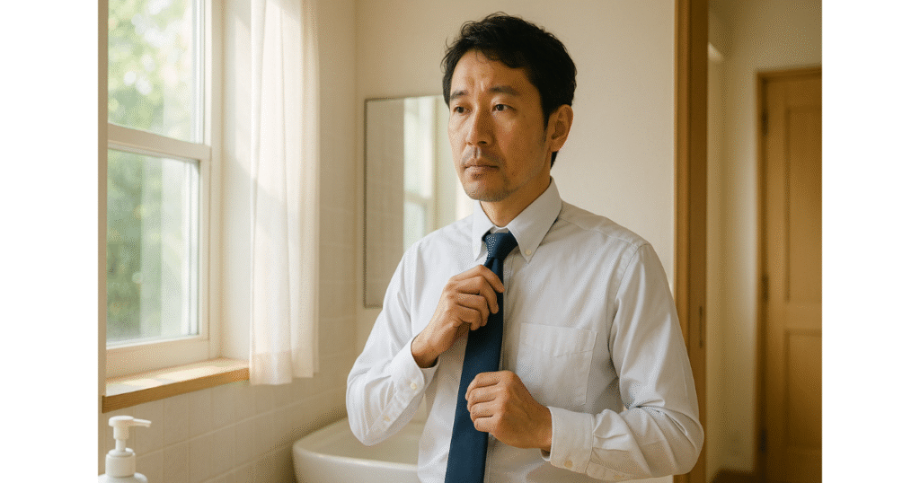 出勤前、鏡の前でネクタイを結ぶ40代男性。 忙しい朝のなかで、自分の清潔や身だしなみを整える。 「最近、自分の清潔に“ほころび”を感じていませんか?」のテーマを象徴する一枚。