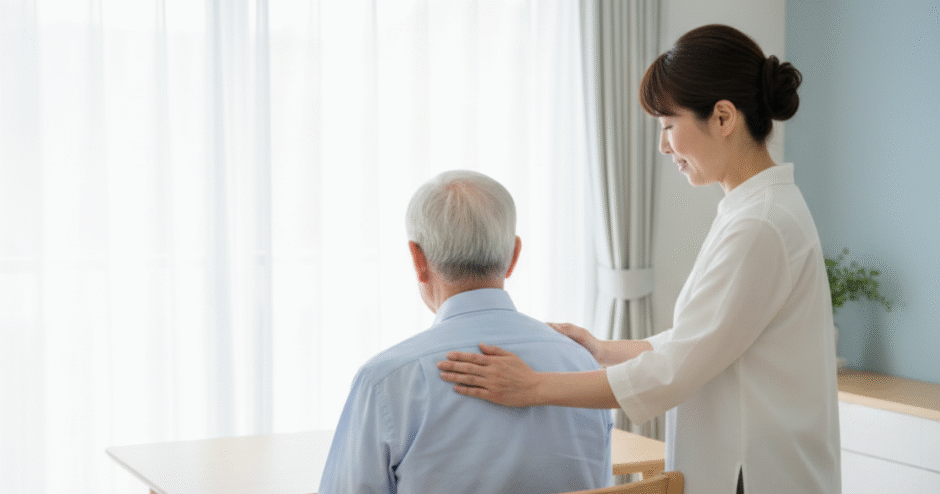 介護を受ける男性高齢者の背中に、家族が優しく手を添える場面。清潔を保つことが尊厳を守る“生活ケア”であるという思いを象徴したイメージ。