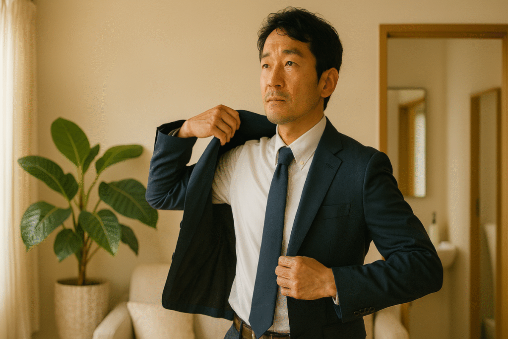 朝の光の中で身支度を整える40代男性。 「いまの自分を少し心地よくする。それが未来の備えになる」という前向きな時間を表現した写真。