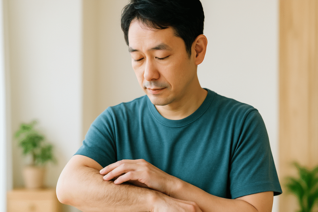 体毛の状態を確認し、どこまで脱毛するか考える40代男性の様子。