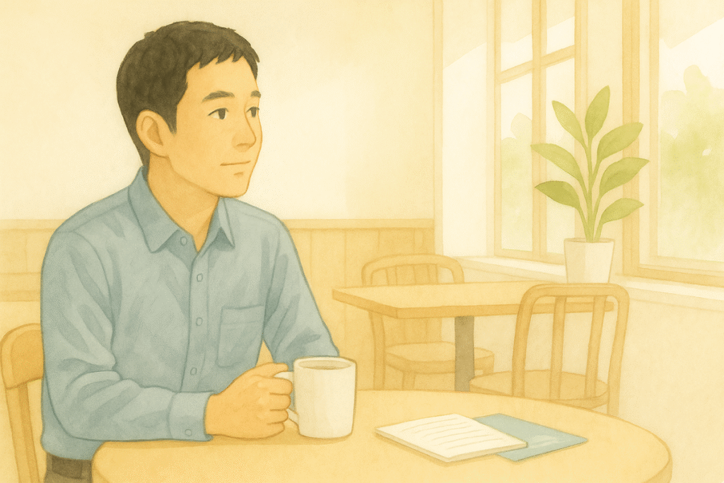 カウンセリングを終えた40代男性が、明るいカフェのような空間で静かに考えている様子。清潔で穏やかな雰囲気。