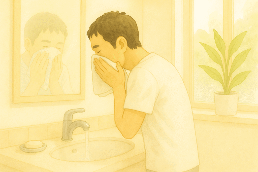 朝の光が差し込む洗面台で、40代男性が穏やかな表情で顔を拭いている様子。清潔で前向きな印象の生活シーン。