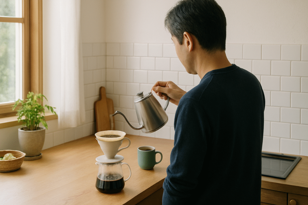 自宅のキッチンでコーヒーを淹れる40代男性の後ろ姿