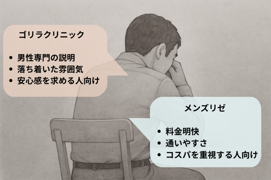 椅子に腰かけ、前かがみで思案している40代男性の後ろ姿イラスト