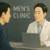 男性専門クリニックでカウンセリングを受ける30代男性。 黒を基調とした落ち着いた空間で、スタッフと穏やかに話している様子を描いたイラスト。