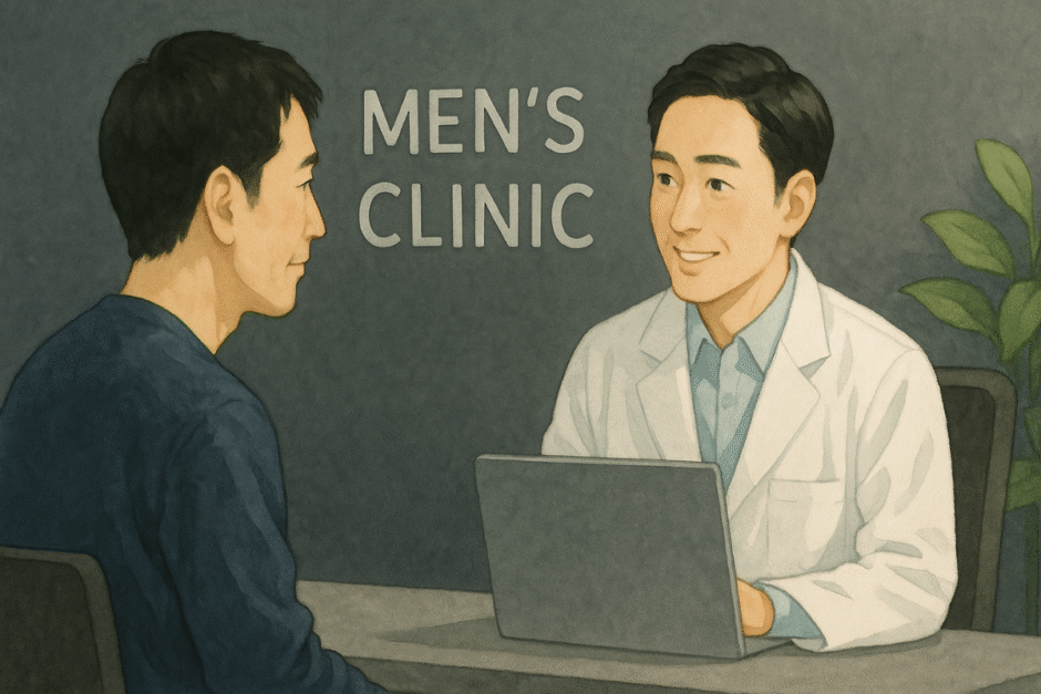 男性専門クリニックでカウンセリングを受ける30代男性。 黒を基調とした落ち着いた空間で、スタッフと穏やかに話している様子を描いたイラスト。