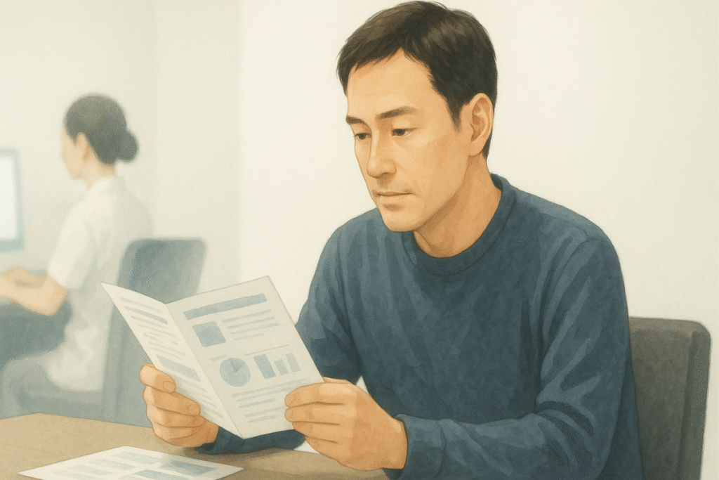 男性専用クリニックで、男性がカウンセリング資料を見ながら考えている様子。落ち着いた空間で、脱毛プランや施術内容を冷静に比較・検討していることが伝わるイラスト。