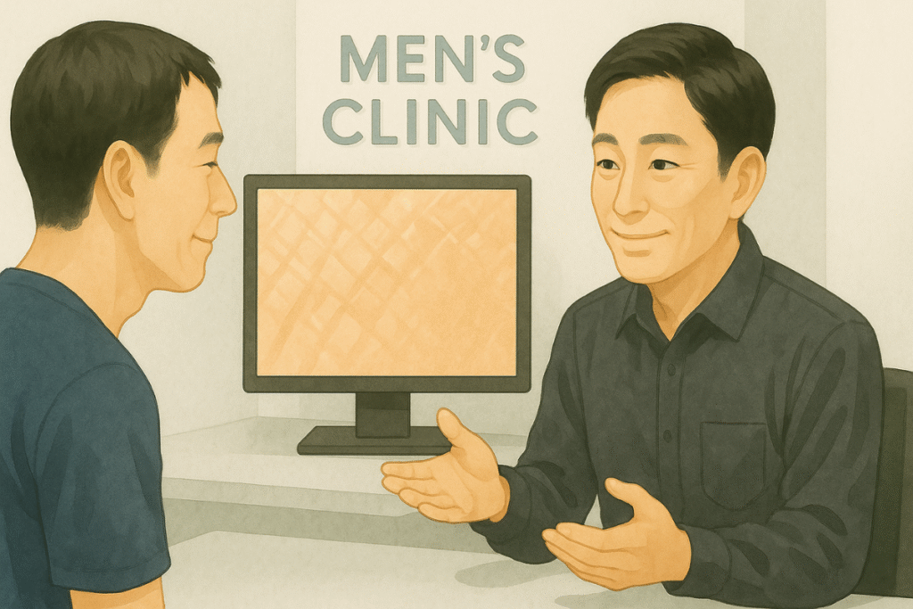 男性専用クリニックで、男性がカウンセリングを終えて安心した表情を見せている様子。落ち着いた空間とスタッフの丁寧な対応から、信頼感と安心感が伝わるイラスト。