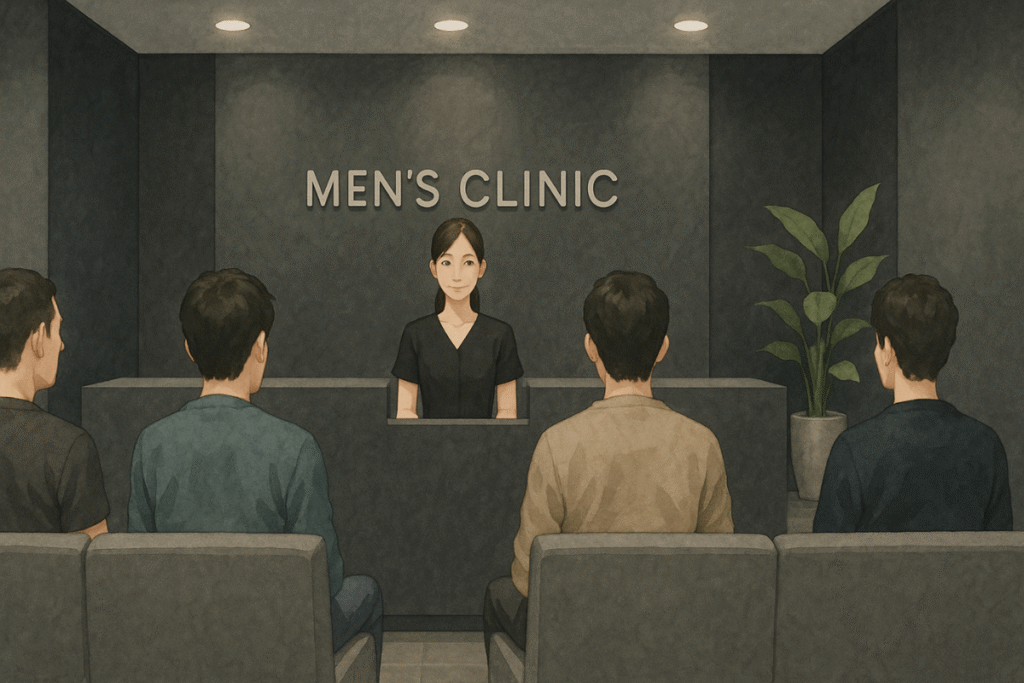 男性専門クリニックでカウンセリングを受ける30代男性。 黒を基調とした落ち着いた空間で、スタッフと穏やかに話している様子を描いたイラスト。