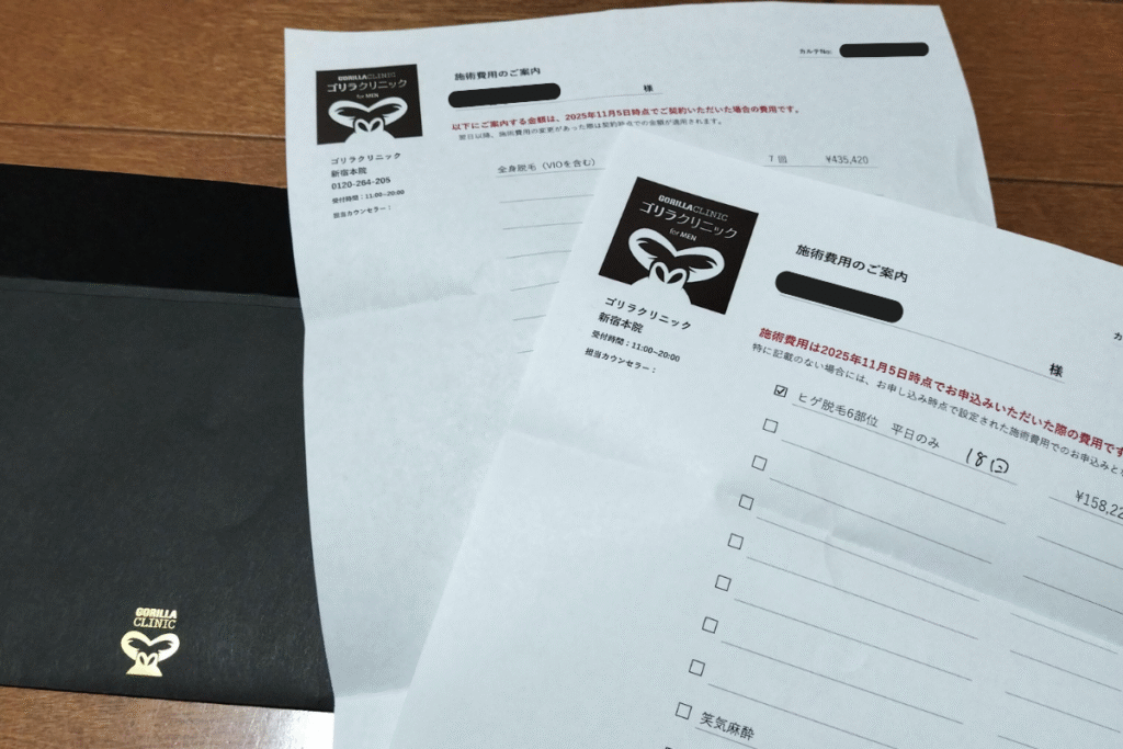 ゴリラクリニックの無料カウンセリング時に受け取った髭脱毛と全身VIO脱毛の見積書。