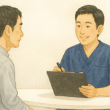 白を基調としたメンズクリニックで、紺のスクラブを着たカウンセラーが40代男性に無料カウンセリングを行っている様子。穏やかで清潔感のある雰囲気。