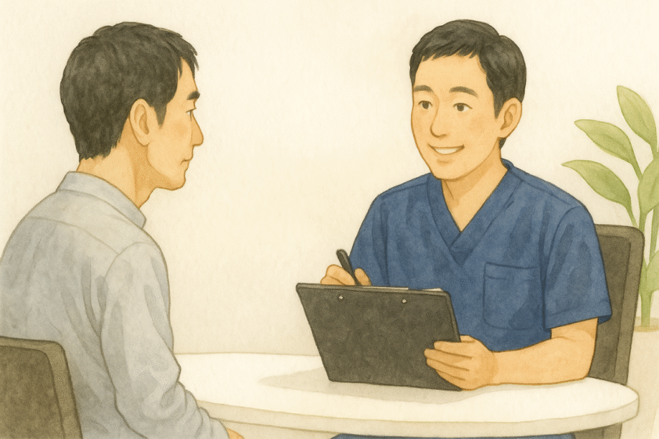 白を基調としたメンズクリニックで、紺のスクラブを着たカウンセラーが40代男性に無料カウンセリングを行っている様子。穏やかで清潔感のある雰囲気。