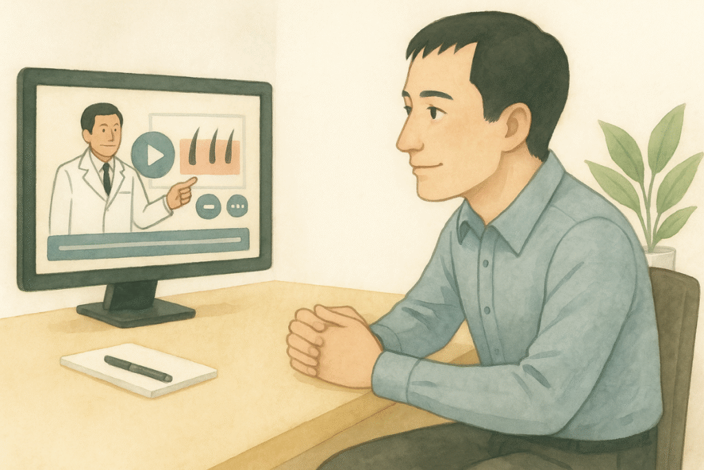 メンズクリニックの個室で、40代男性がパソコンのモニターで説明動画を視聴している様子。明るく清潔な空間で落ち着いた雰囲気。