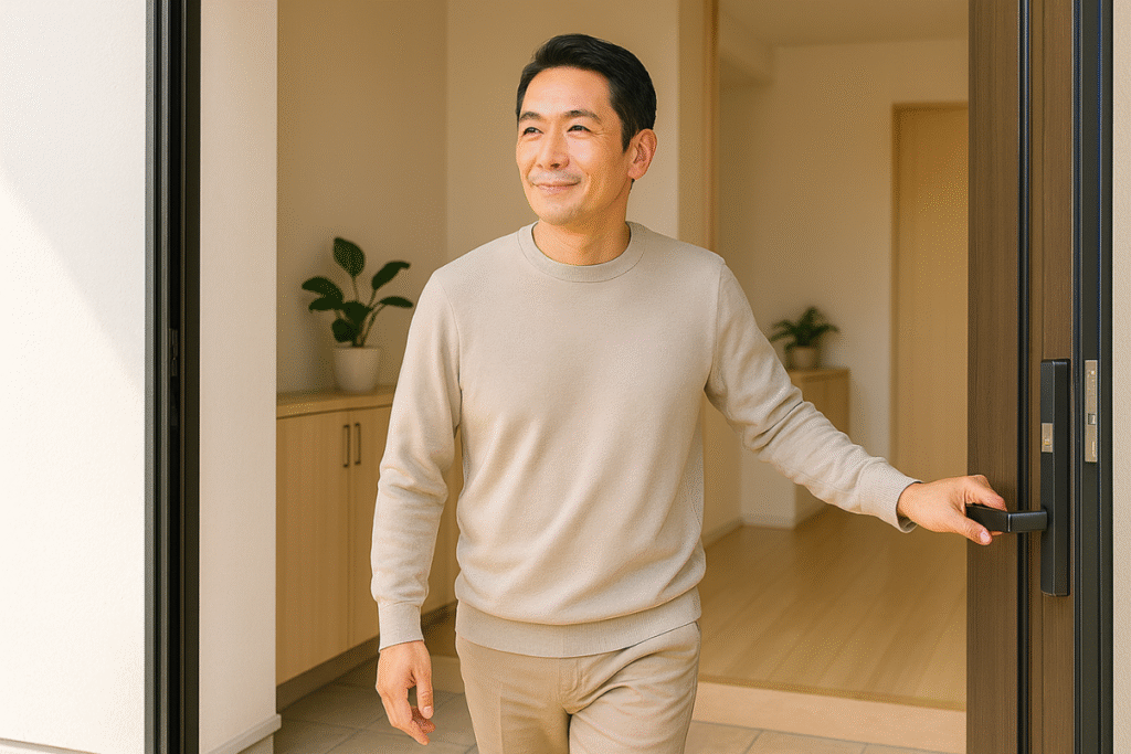 玄関の外から室内に向けて撮影された構図で、扉を開けて一歩踏み出す40代男性のミドルロングショット。明るい自然光の中、清潔感のある玄関が奥に写っている。