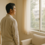 40代男性が朝の光が入る部屋で静かに窓の外を見つめる後ろ姿。清潔感のある空間で、未来の備えを考える雰囲気を表現した写真。