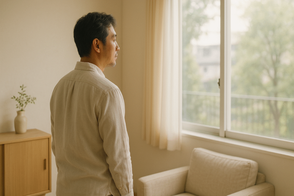 40代男性が朝の光が入る部屋で静かに窓の外を見つめる後ろ姿。清潔感のある空間で、未来の備えを考える雰囲気を表現した写真。