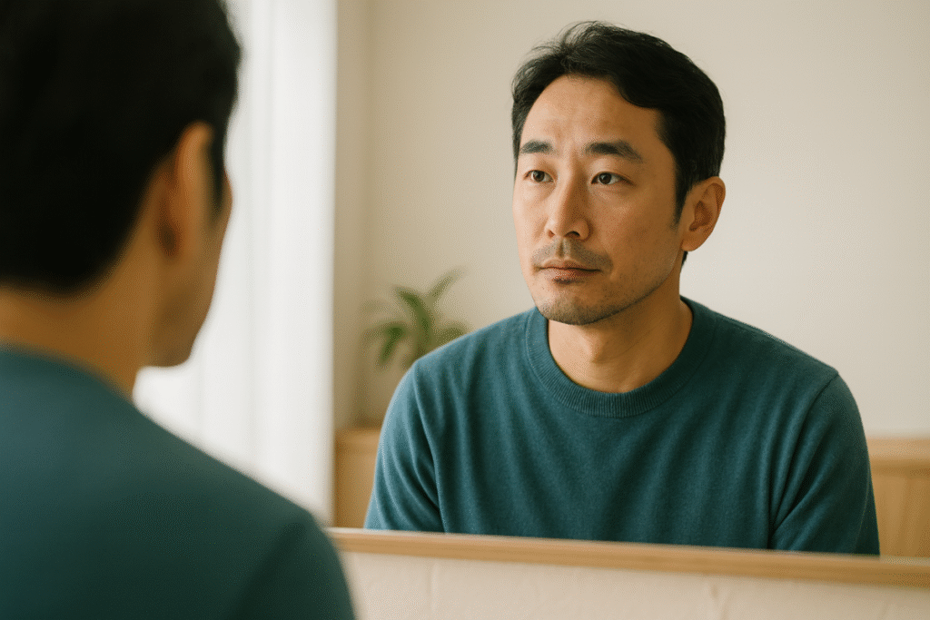 鏡を見て将来の生活ケアや介護脱毛の必要性を考える40代男性の姿。