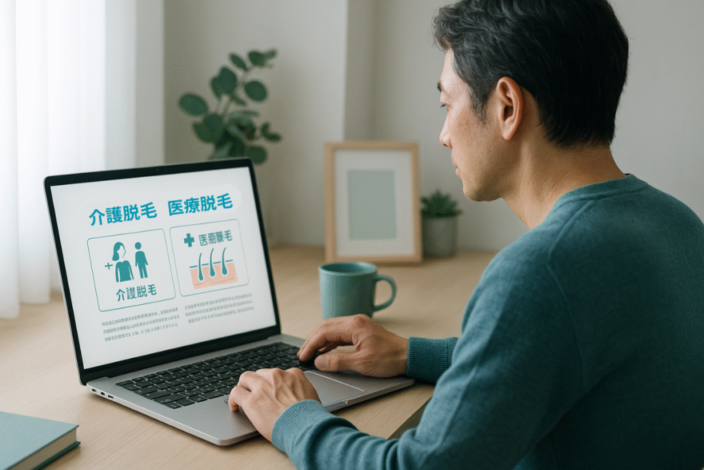 淡いティール系の小物が置かれたデスクで、パソコンを使って医療脱毛について調べる40代男性の後ろ姿の写真。
