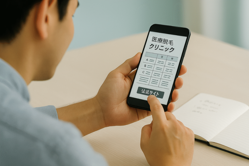 40代男性がスマホで医療脱毛クリニックの情報を比較している手元の様子