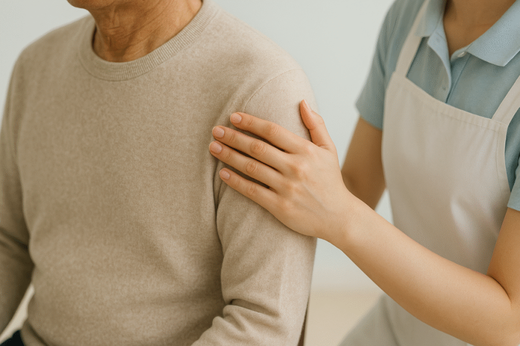 清潔な服を着た女性が、男性の肩とひじをそっと支える様子。支える手のやさしさと、清潔がもたらす安心を表した写真。