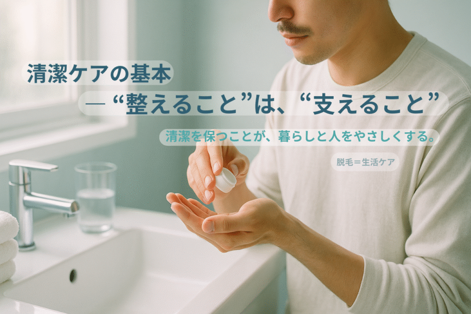 日本人男性が手元で保湿クリームを塗る仕草