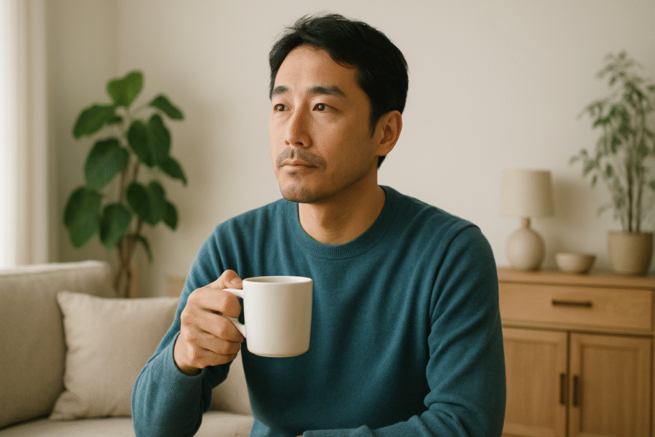 整ったリビングでコーヒーを飲む40代男性が、将来の生活ケアや介護脱毛について静かに考えているようなシーン。