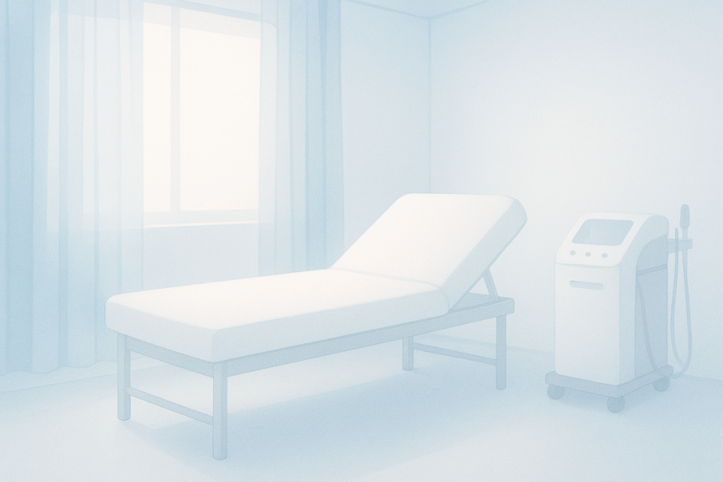 医療脱毛の施術室をシンプルに描いたイラスト。人物はおらず、ベッドと半透明のカーテンだけが配置された清潔で落ち着いた空間が、恥ずかしさを感じにくい環境を象徴している。