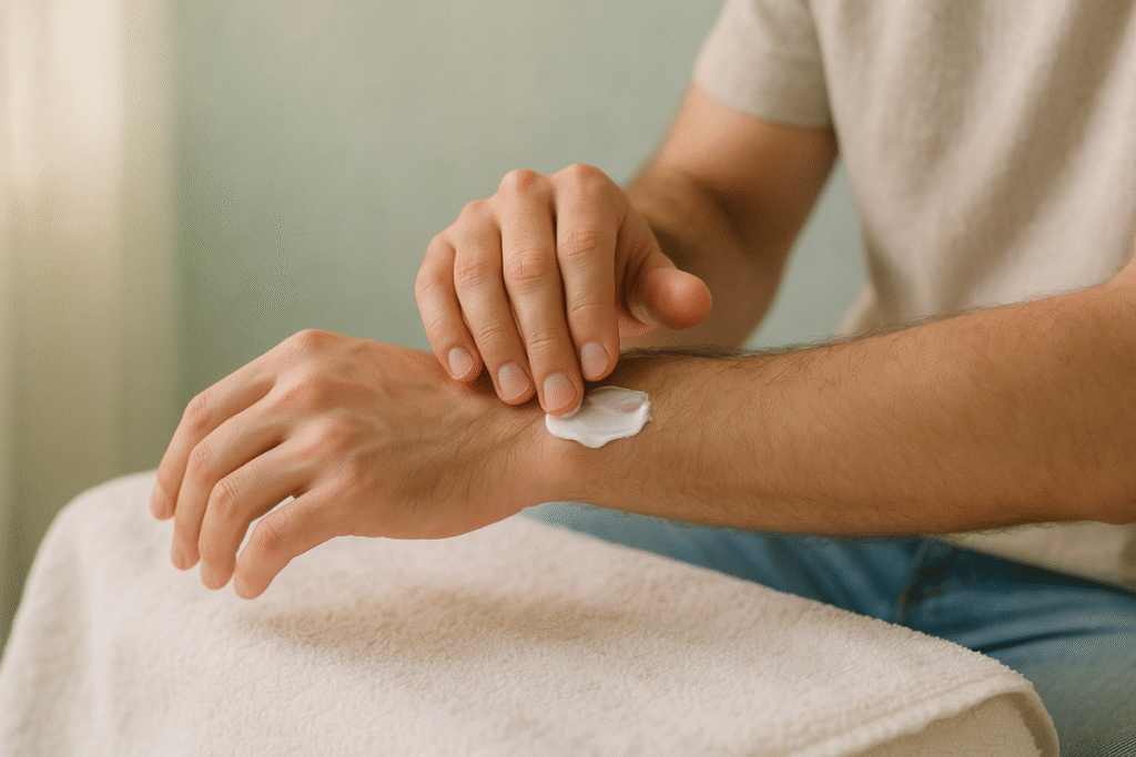 腕に保湿クリームをなじませる手元。日々の小さなケアを積み重ねることで清潔を守る様子を表した写真。