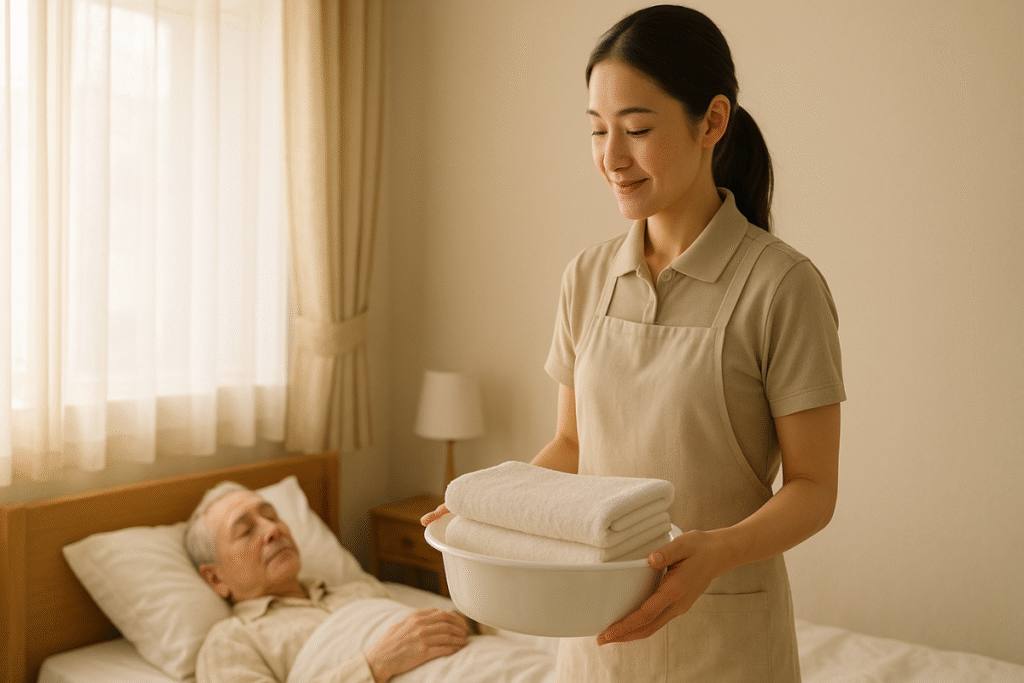 ベッド上の利用者のそばで、介護士がタオルや洗面器を準備している様子。清潔を整えるための静かな準備を通して、誰かを思うやさしさを表した写真。