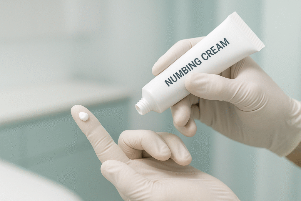 施術前の準備として男性スタッフが麻酔クリームを手に取る手元