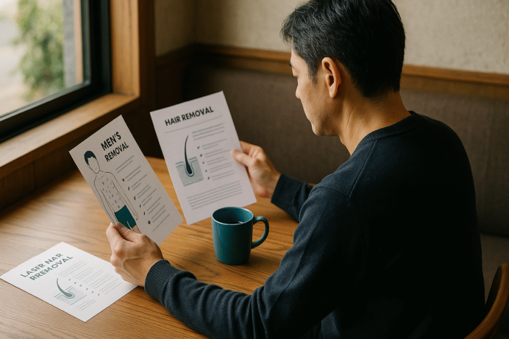 カフェの窓際で、複数の資料を広げて比較検討する40代男性の後ろ姿。3院を回る前に情報を整理している様子をイメージした写真。