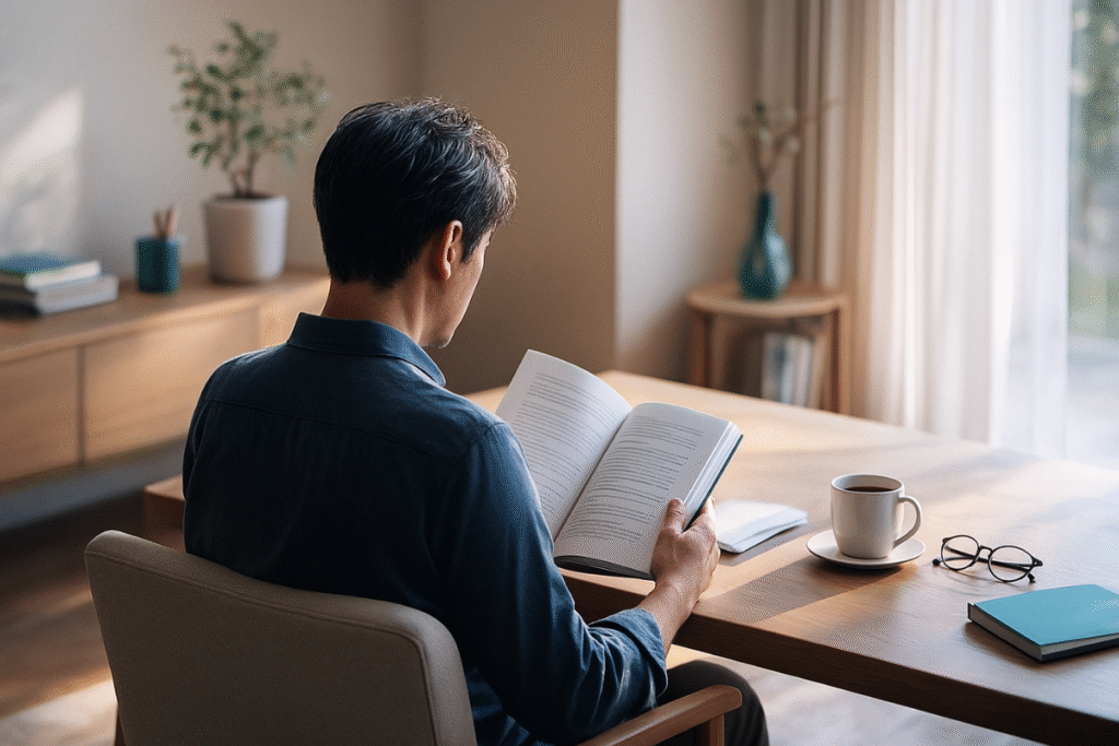 40代男性が自宅で本を読みながら考え込む後ろ姿の写真。介護脱毛という概念に出会い、情報を理解しようとしている場面をイメージした構図。