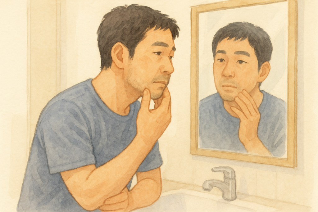 40代男性が鏡の前で施術後のヒゲ周りの肌を確認しているイラスト。淡く柔らかいタッチで経過チェックの様子を表現。