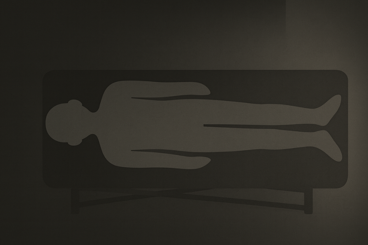 施術ベッドに仰向けで横になる人物を抽象的に描いたミニマルイラスト。恥ずかしさと“任せる感覚”を表すイメージ画像。