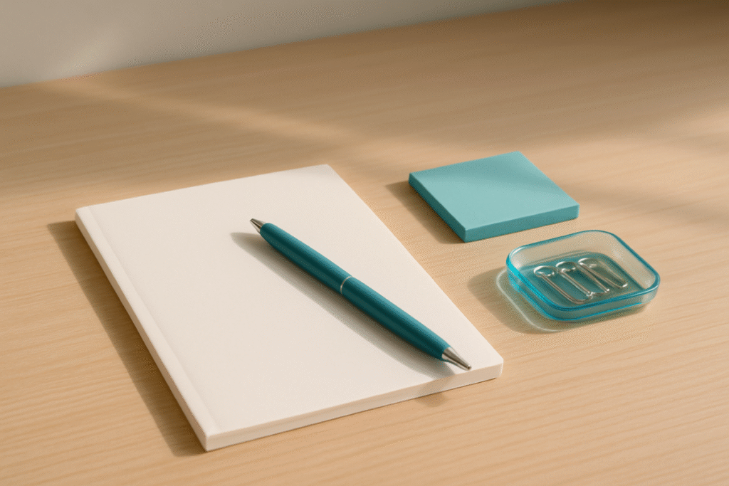 ティール色のペンと白いメモ用紙を整然と配置した、清潔で落ち着いたデスクの実写風イメージ。