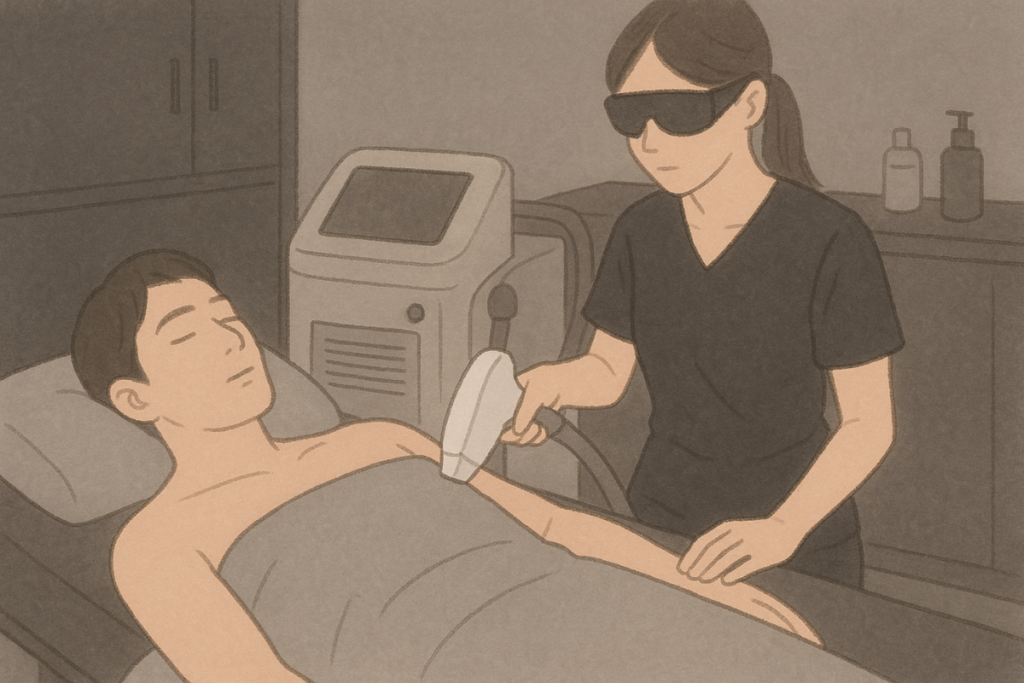 全身脱毛の施術中、タオルで配慮された落ち着いた施術室のイメージ