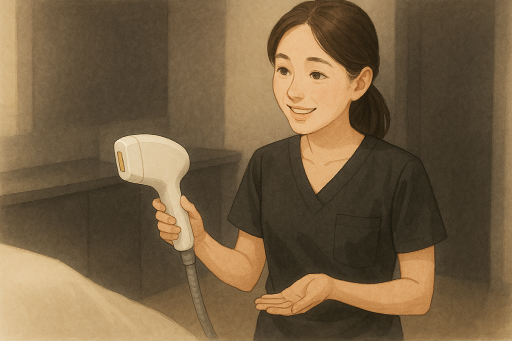 黒スクラブの女性看護師がレーザー機器を持ち、柔らかなイラストタッチで描かれた施術前の声かけシーン。安心感を表現。