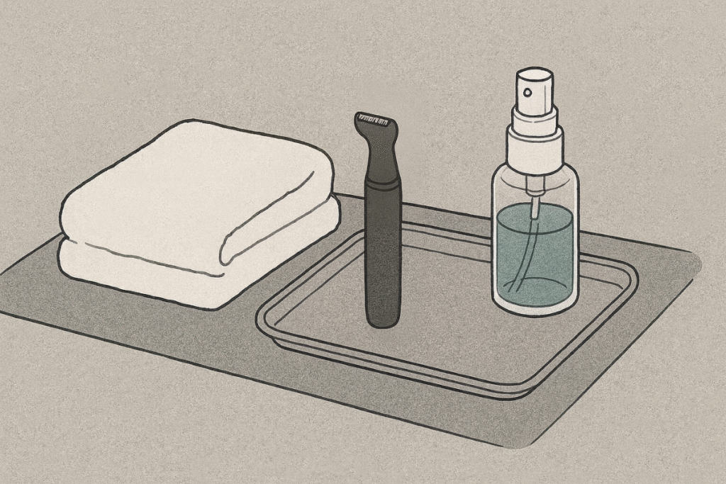 ペン型シェーバー、タオル、消毒用品などが整然と並べられた静かなイラスト。 剃毛前の準備と、施術の丁寧さを控えめに伝える落ち着いたトーンの画像。