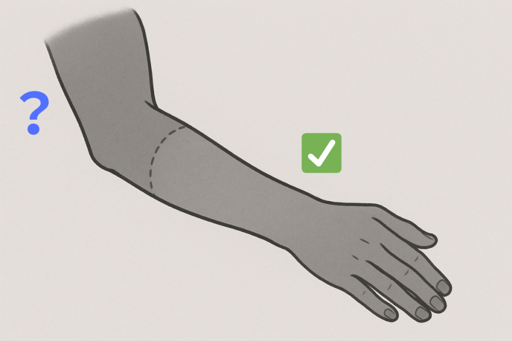 全身脱毛1回目で、腕の中でも剃毛や照射の判断が分かれた範囲を示したイラスト