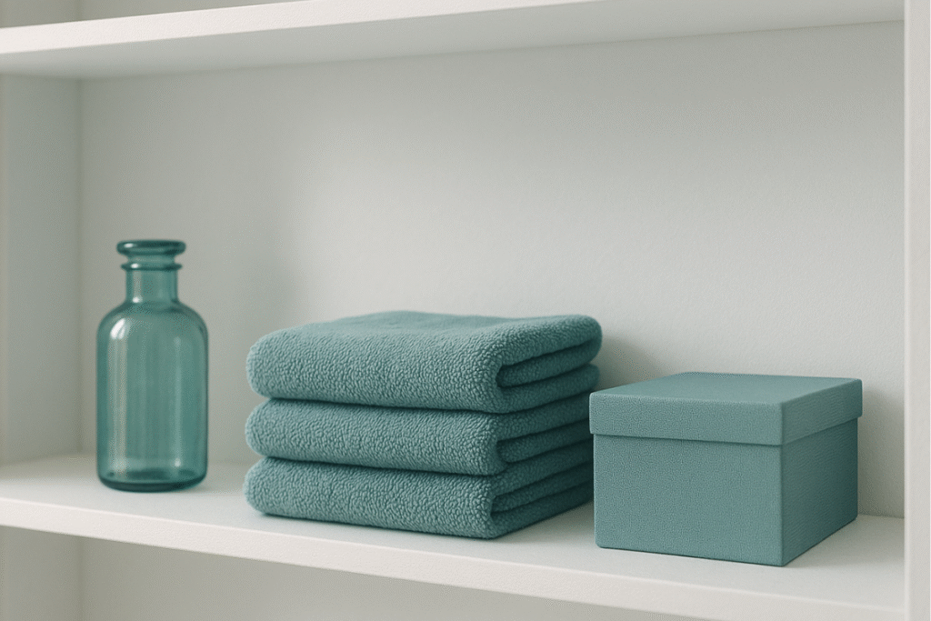 ティール色の小物が整然と並ぶ、清潔でミニマルな棚の一部を切り取った実写風イメージ。