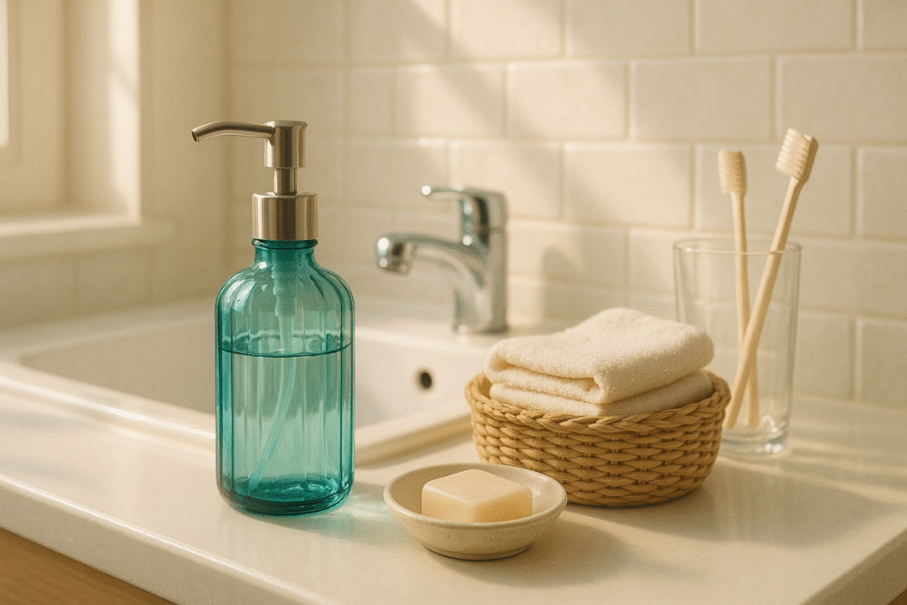 ティール色のガラス瓶に柔らかな光が透ける、洗面台の一部をクローズアップした清潔な実写風イメージ。
