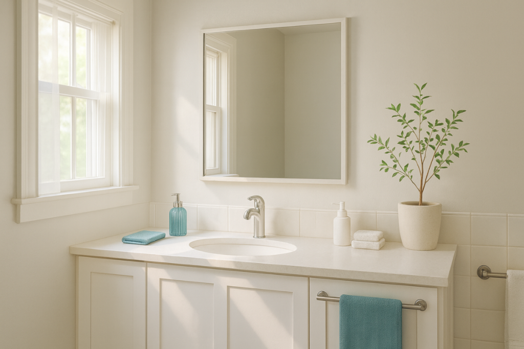 柔らかい光が差し込む清潔な洗面所のイラスト。生活が整っていく感覚を静かに示す構図。