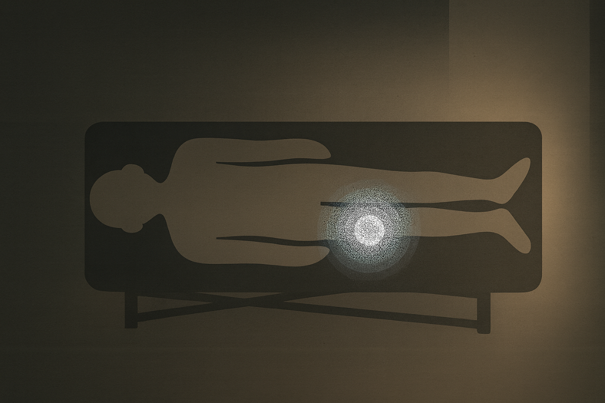 仰向けの人物シルエットを上方から描き、身体の一部に円状の反応を加えた抽象イラスト。触れられる感覚の繊細さを表現した画像。